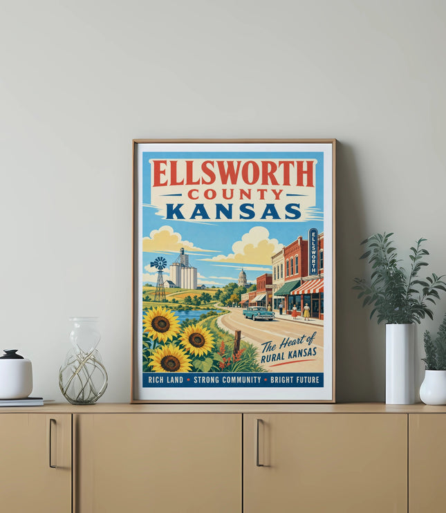 Ellsworth County, Kansas travel poster with sun-drenched sunflowers and rural scene.