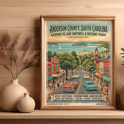 Anderson County, South Carolina vintage travel poster with downtown scene and lake.
