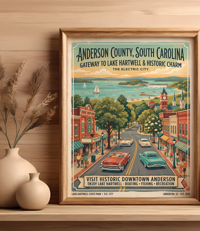 Anderson County, South Carolina vintage travel poster with downtown scene and lake.