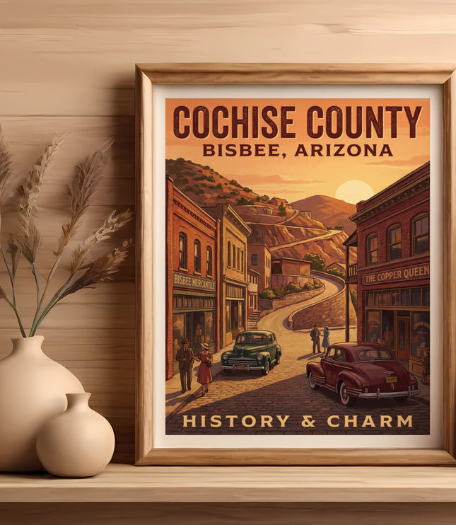 Cochise County, Bisbee, Arizona poster featuring vintage cars and buildings.
