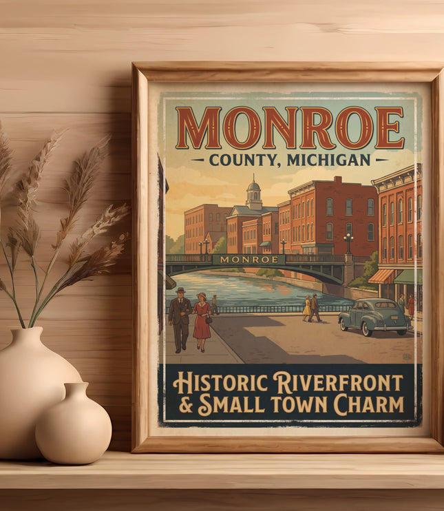 Monroe County Michigan vintage travel poster with riverfront and small town charm.