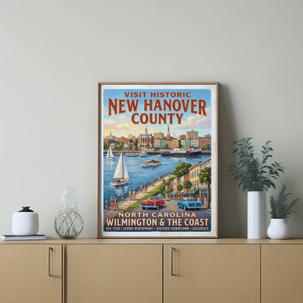 Vintage travel poster for New Hanover County, North Carolina, showcasing Wilmington waterfront, sailboats, and classic cars.