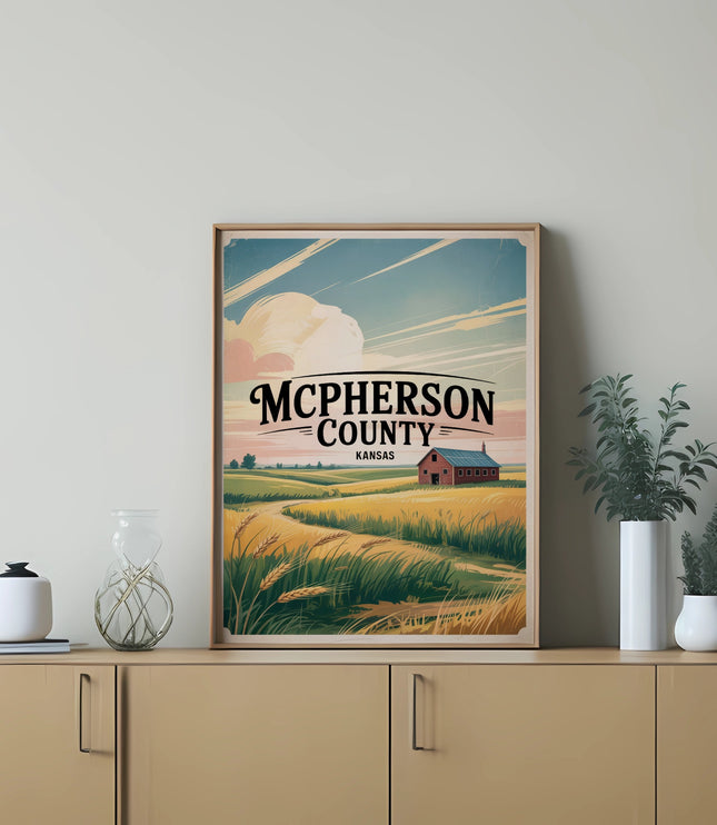 Vintage style poster of McPherson County Kansas landscape with barn and wheat field.