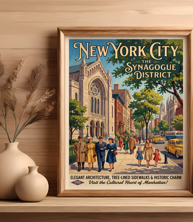 New York City Synagogue District vintage travel poster depicts street scene.