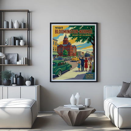 Vintage travel poster for Bloomington-Normal, Illinois, showing city buildings and people.