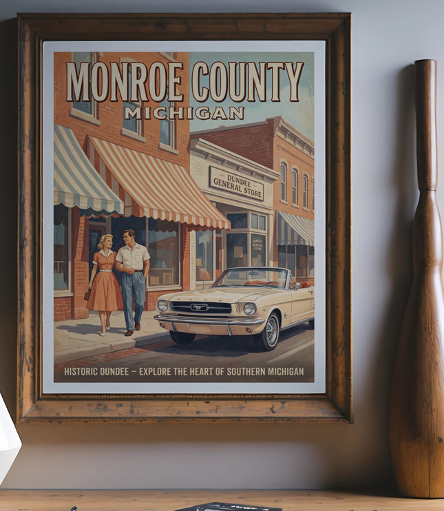 Monroe County Michigan poster featuring a couple, classic car, and Dundee General Store.