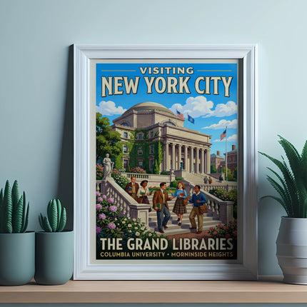 Vintage "Visiting New York City" poster featuring Columbia University's Grand Libraries.
