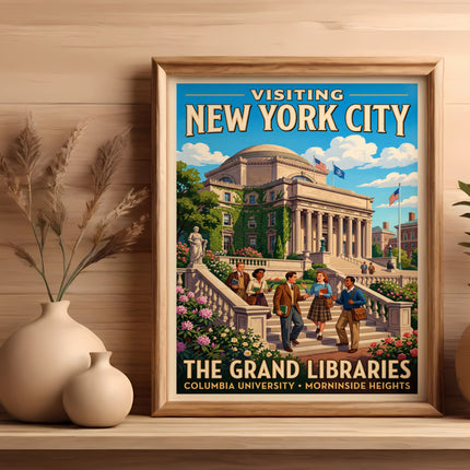 Poster for visiting New York City, featuring Columbia University's Low Memorial Library.