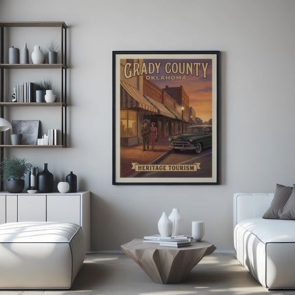Vintage travel poster for Grady County, Oklahoma, with a couple walking past a classic car.