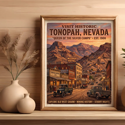 Vintage travel poster of Tonopah, Nevada, featuring a historic street scene and mountains.