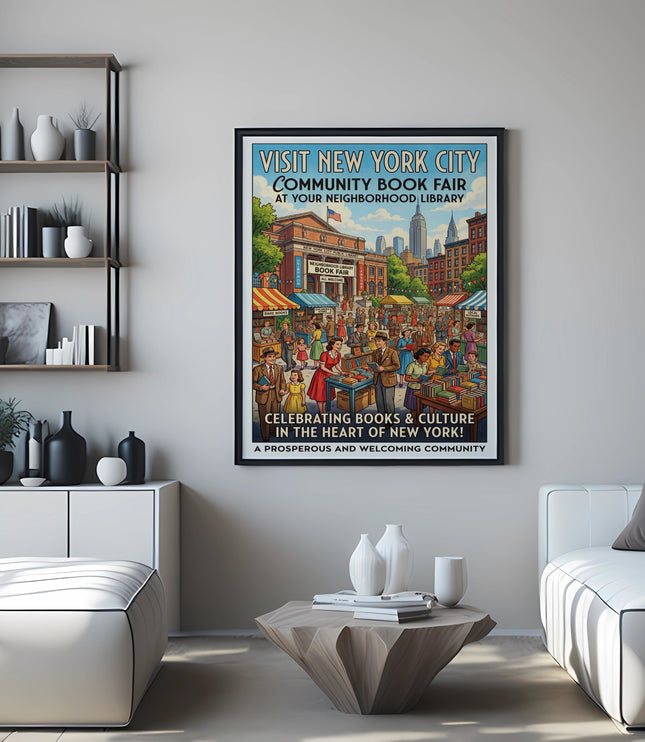 Vintage "Community Book Fair" poster for New York City Library, depicting a street fair.