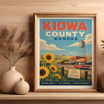 Vintage poster of Kiowa County, Kansas, with sunflowers, a town scene, and text.
