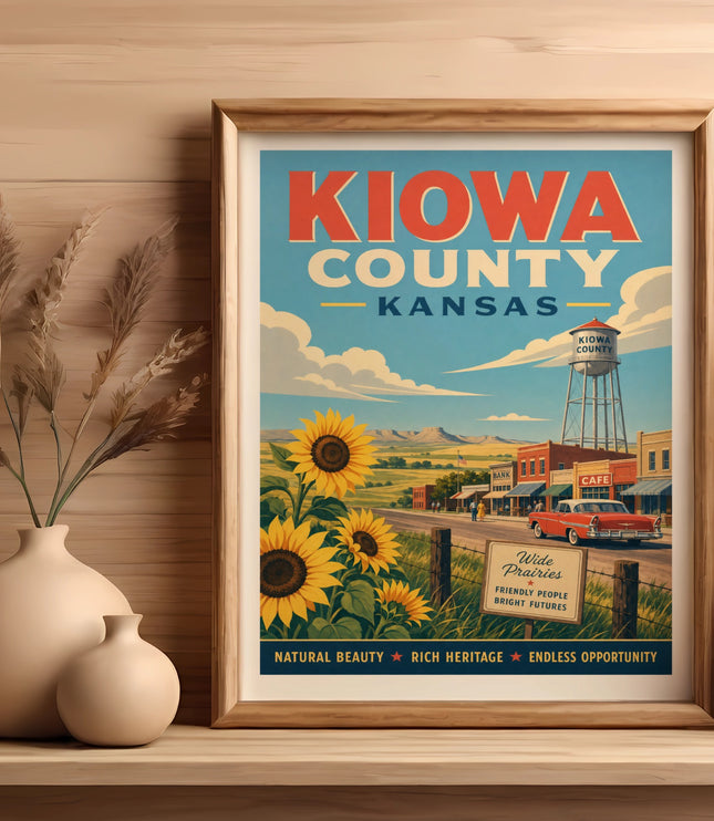 Vintage poster of Kiowa County, Kansas, with sunflowers, a town scene, and text.