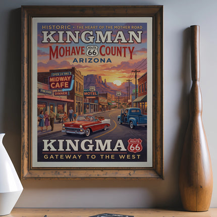 Kingman Arizona Route 66 retro poster with classic cars and buildings.