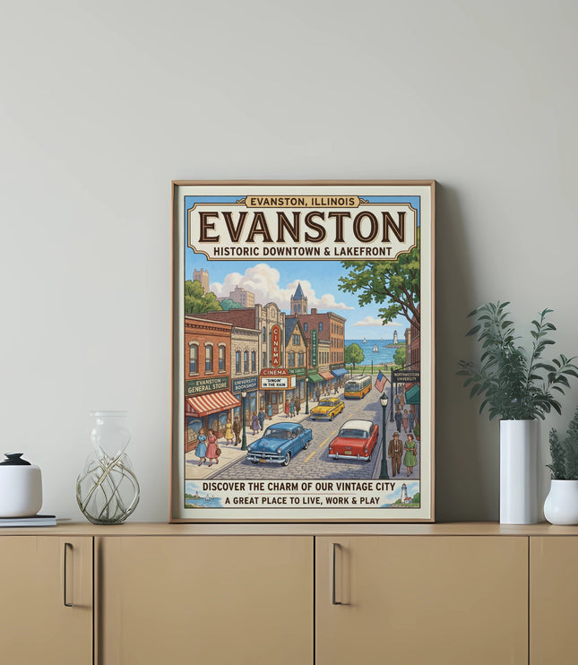 Vintage poster of Evanston, Illinois historic downtown and lakefront scene.