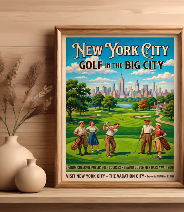 New York City Golf in the Big City poster with golfers and skyline.