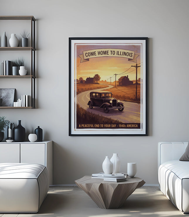 Vintage poster with text "Come Home to Illinois" and a 1940s car.