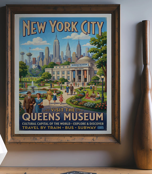 New York City poster featuring the Queens Museum and city skyline.