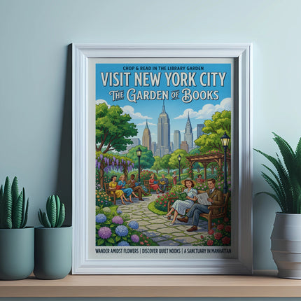 Poster for "Visit New York City: The Garden of Books" with people relaxing.