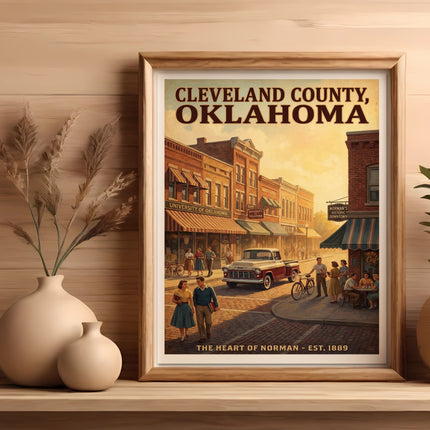 Poster of Cleveland County, Oklahoma, depicting a vintage street scene with people, truck, and bicycle.
