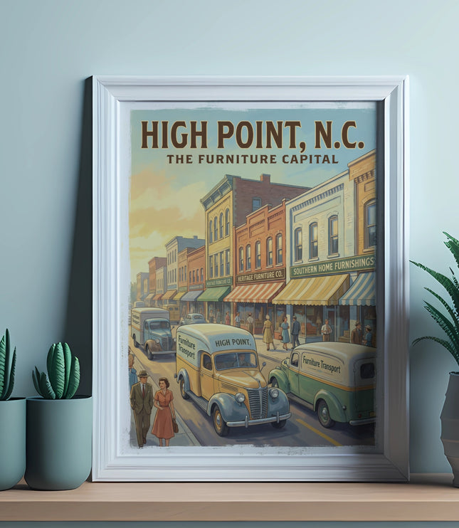 Vintage poster of High Point, N.C. with buildings, trucks, and people.