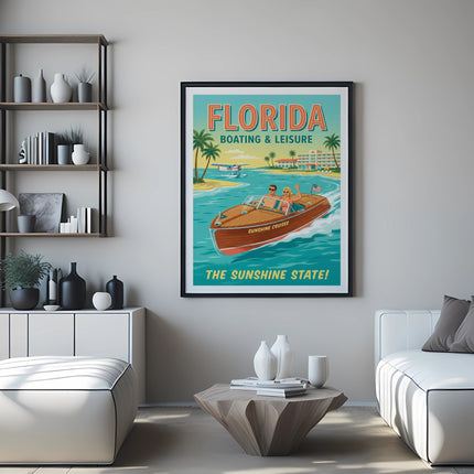 Vintage Florida boating and leisure poster featuring a speedboat on water.