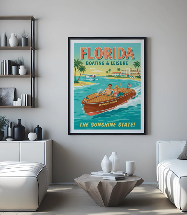 Vintage Florida boating and leisure poster featuring a speedboat on water.