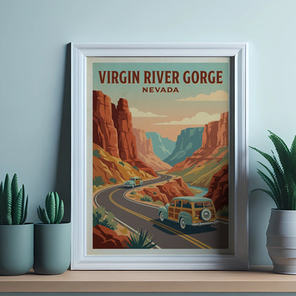 Poster for Virgin River Gorge, Nevada, featuring a scenic canyon road with vintage cars.