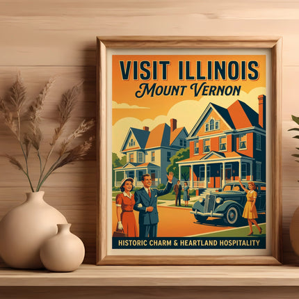 Vintage "Visit Illinois Mount Vernon" poster with buildings, people, and car.