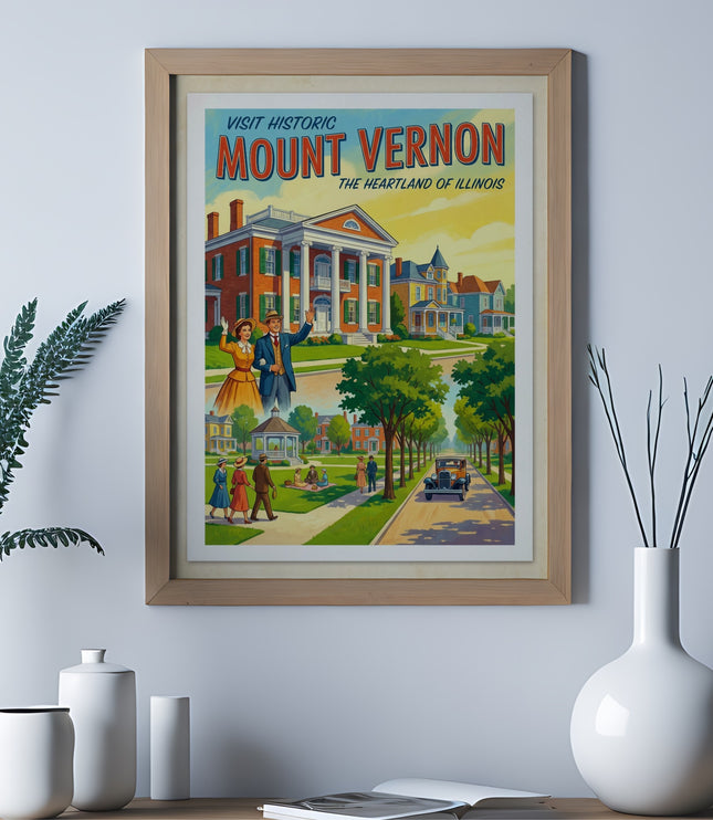 Vintage travel poster for Mount Vernon, Illinois, showing historic buildings and people.