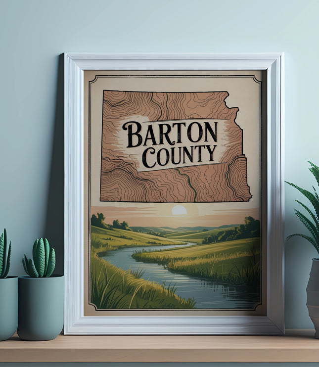 Framed map of Barton County, Kansas, with a river and sunset in the background.