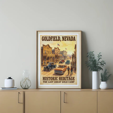 Goldfield, Nevada Historic Heritage poster with a vintage Western town scene and old vehicles.