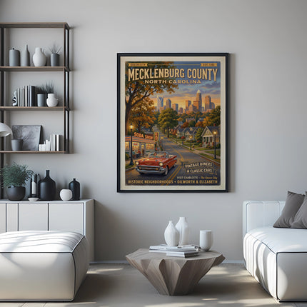 Mecklenburg County, North Carolina vintage travel poster with skyline and soda shop.