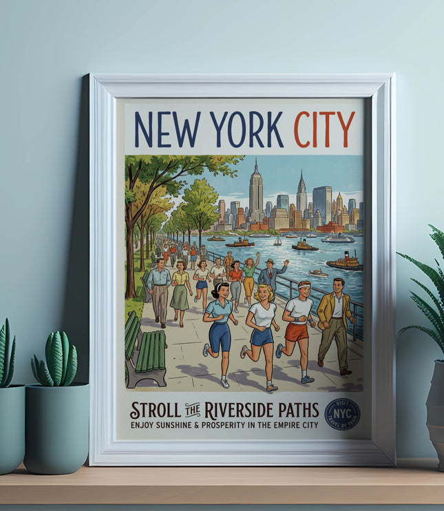 New York City poster with people strolling Riverside Paths, skyline, and boats.