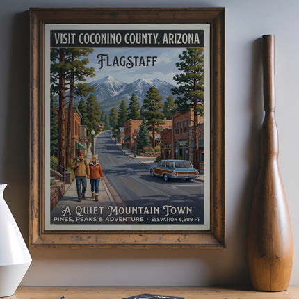 Vintage travel poster for Flagstaff, Arizona with a couple walking on a street.