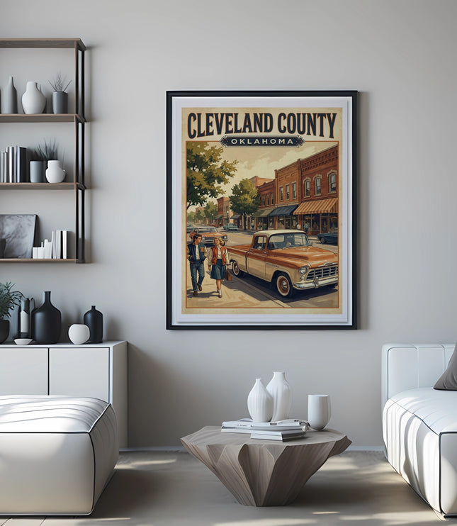 Vintage travel poster for Cleveland County, Oklahoma with a pickup truck and couple.