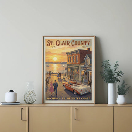 Retro St. Clair County Michigan poster with sunset over water, vintage car, and people.