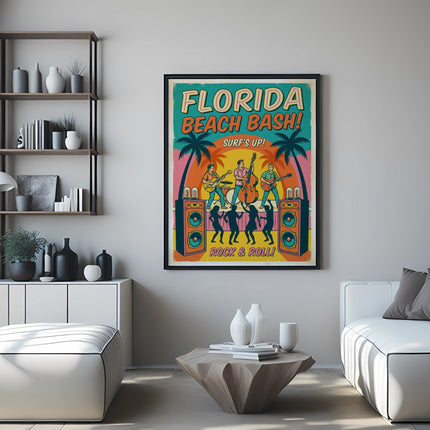 Poster for Florida Beach Bash Surf's Up with band performing.