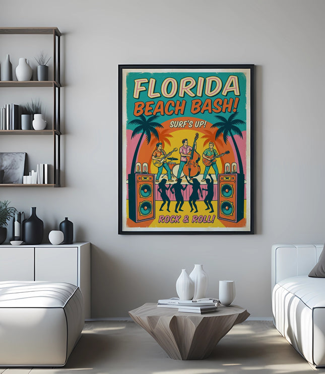 Poster for Florida Beach Bash Surf's Up with band performing.