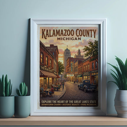Retro travel poster of Kalamazoo County, Michigan, featuring downtown street scene.
