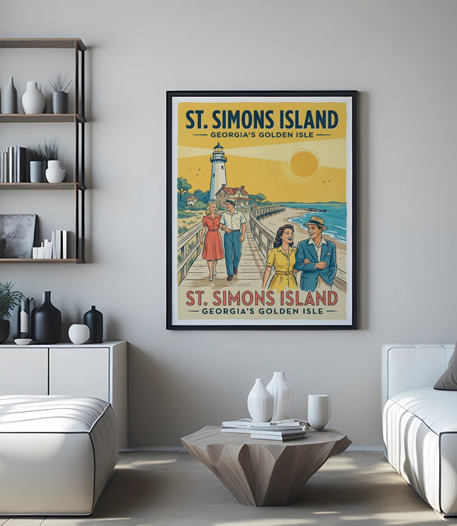 Poster of St. Simons Island, Georgia, featuring a lighthouse and couples walking.