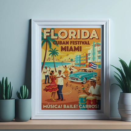 Florida Cuban Festival Miami poster with dancing couple, car, and palm trees.
