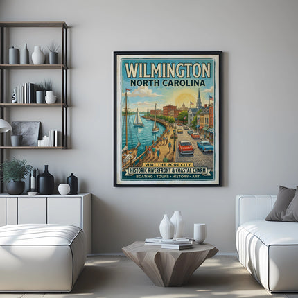 Wilmington North Carolina vintage travel poster depicting riverfront with sailboats and cars.
