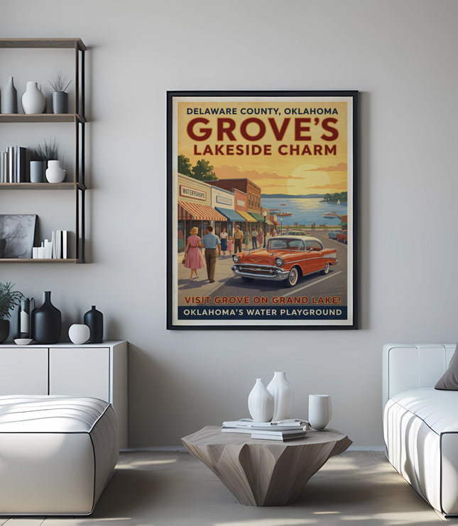 Retro poster for Grove's Lakeside Charm, Delaware County, Oklahoma.