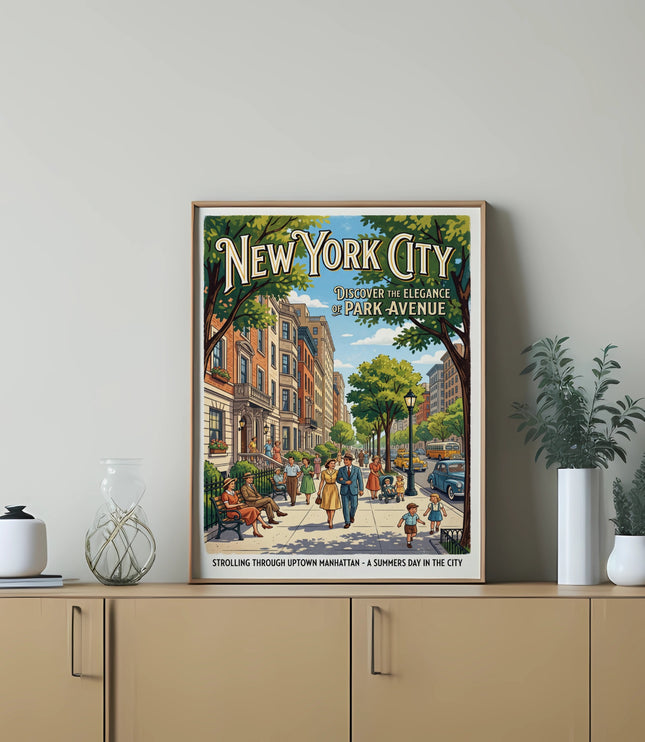 New York City vintage poster, strolling through uptown Manhattan on a summer day.