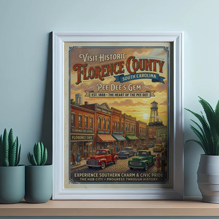 Vintage poster for Florence County, South Carolina, showing a street scene.