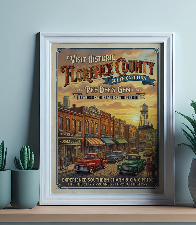 Vintage poster for Florence County, South Carolina, showing a street scene.