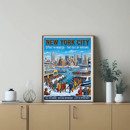 New York City winter ferry terminal poster with skyline and people boarding.