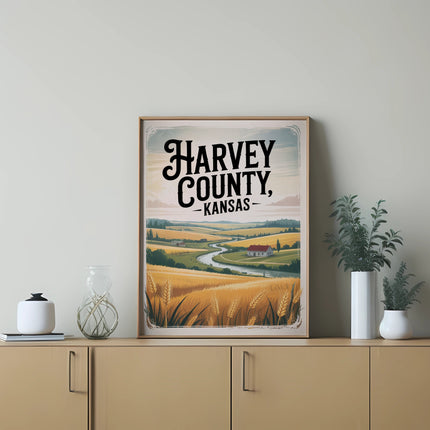 Framed print of HARVEY COUNTY, KANSAS with golden wheat fields and rolling hills.