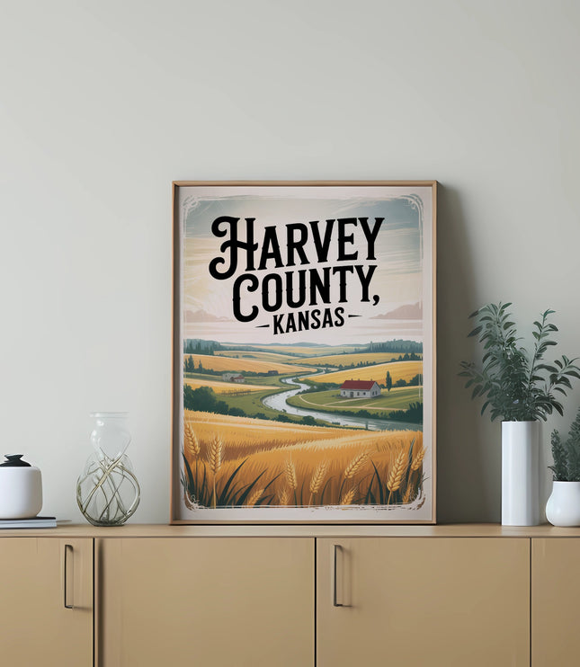 Framed print of HARVEY COUNTY, KANSAS with golden wheat fields and rolling hills.